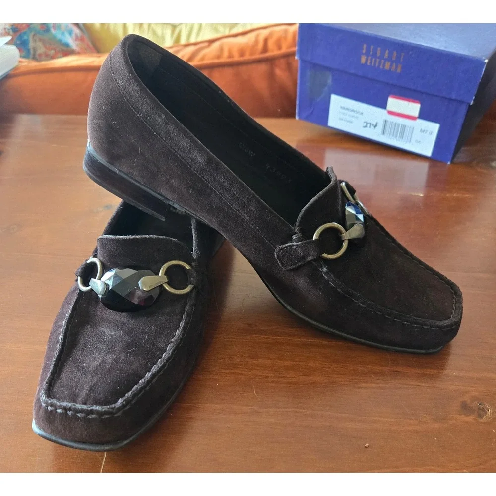 Stuart Weitzman Chic Hardrock Brown Suede Gemstone Loafers Size 7M Square Toe
